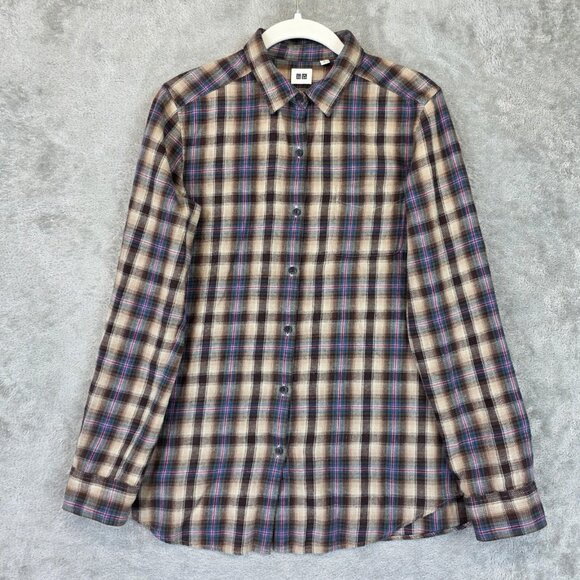 Uniqlo Shirt Womens Large Brown Beige Plaid Button Down Long Sleeve 100% Cotton - Picture 1 of 13